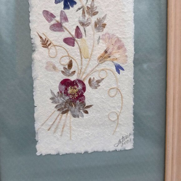Pressed Flower Art In Wooden Frames Set Signed 2001 Blue & Green Mats Wall Decor - Picture 3 of 10